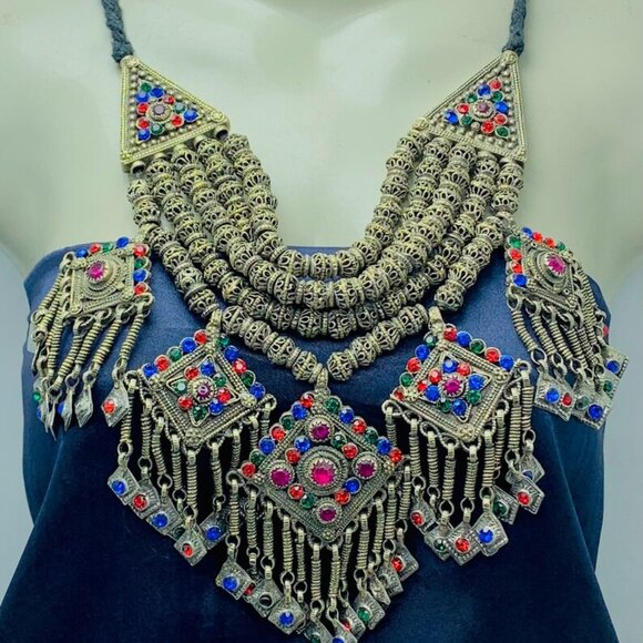Ethnic Handmade Necklace, Multilayers Beaded Chain Necklace With Dangling - Picture 1 of 10